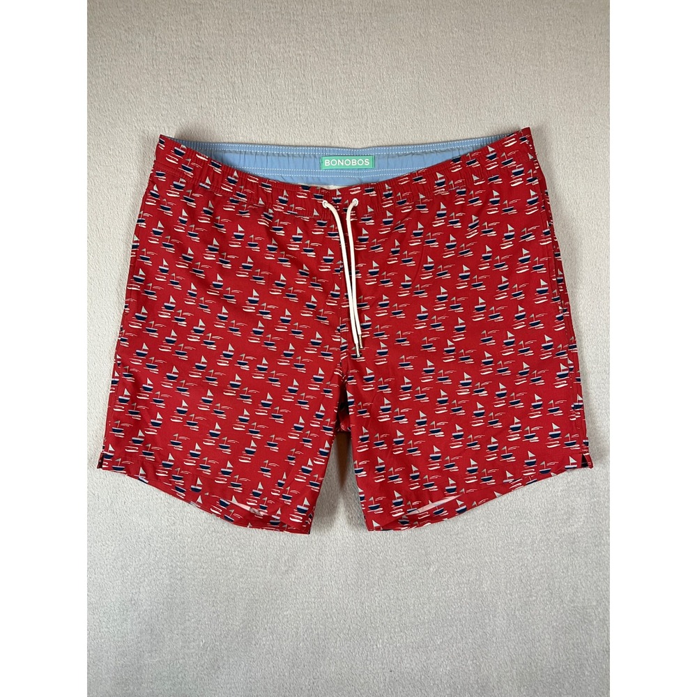 Bonobos Mens Red Sailboat Print Swim Trunks 7 Inch Inseam Size Large